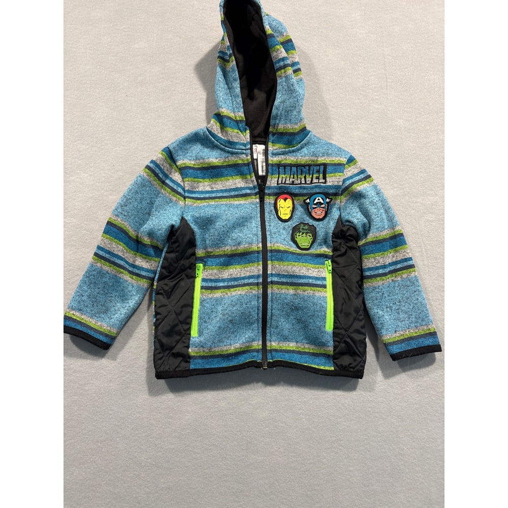 Marvel Avengers Boys 3T Striped Zip Up Hoodie Blue Green Quilted 1614377